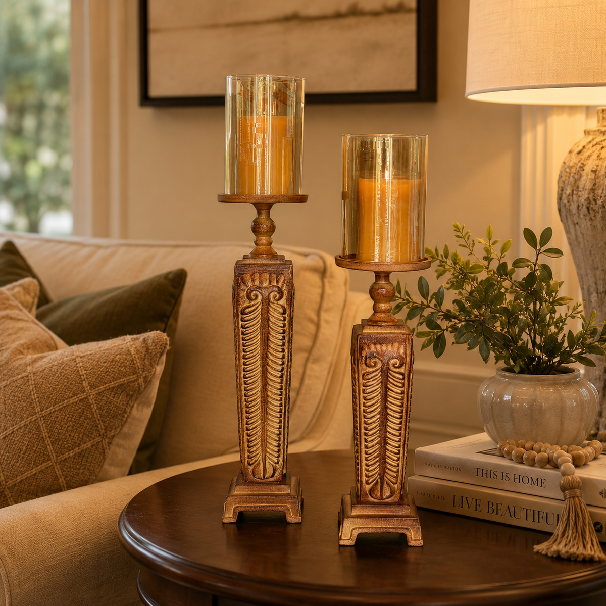 Vintage Pillar Metal Candlestand – This rustic candle stand, featuring tinted glass, enchants with its intricate detailing | INARA