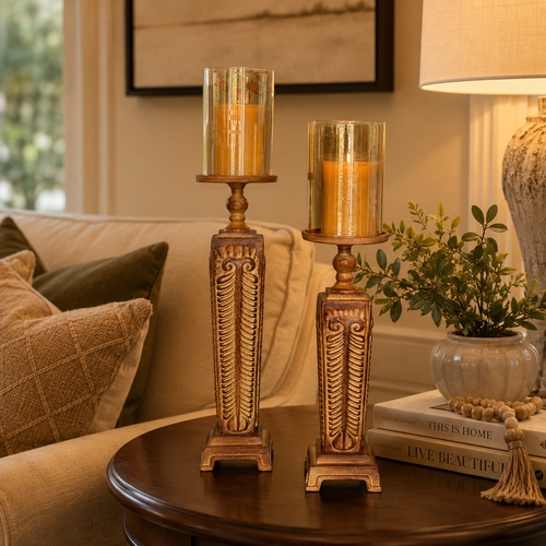 Vintage Pillar Metal Candlestand – This rustic candle stand, featuring tinted glass, enchants with its intricate detailing | INARA