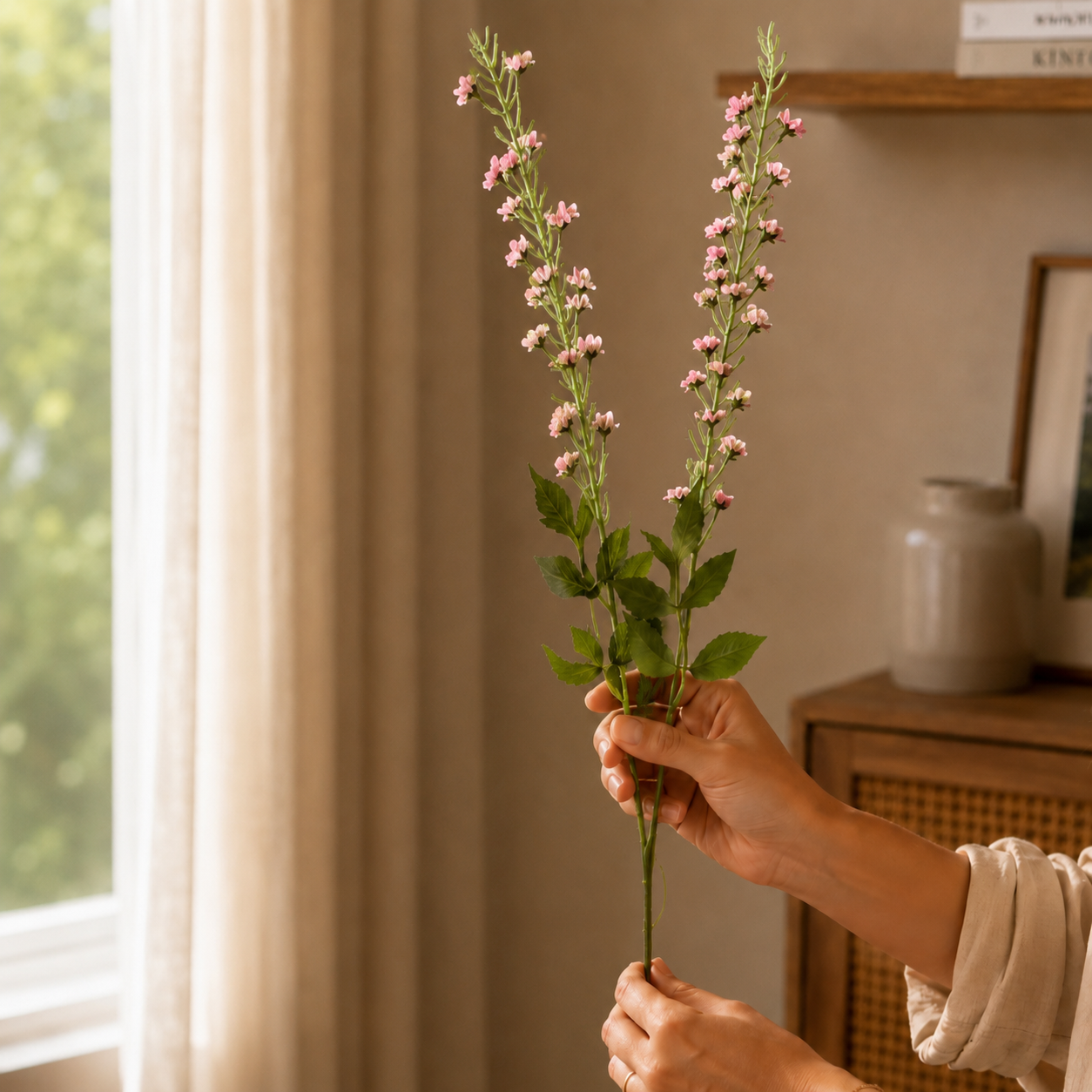 Hand holding delicate pink artificial flower stems in a warm, sunlit home interior with soft curtains and wooden decor, showcasing realistic floral detailing for elegant home styling.