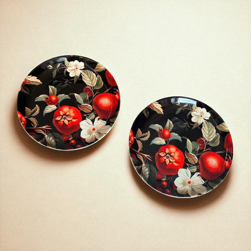 Pomegranate Ceramic Wall Plate – Bold and eye-catching, this ceramic wall plate features bright red pomegranates, delicate white flowers | INARA