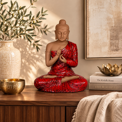 Premium handcrafted red Buddha statue displayed on a luxury wooden console with elegant home décor accessories, perfect for living rooms and meditation spaces.