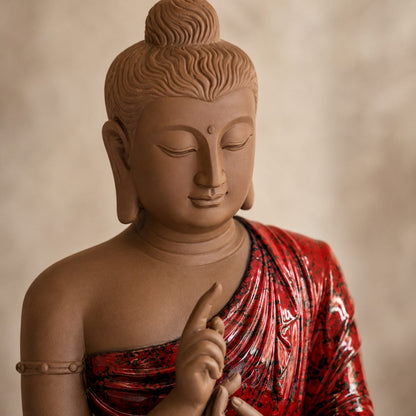 Close-up of handcrafted Buddha statue highlighting serene facial details, premium resin craftsmanship and glossy red robe finish.