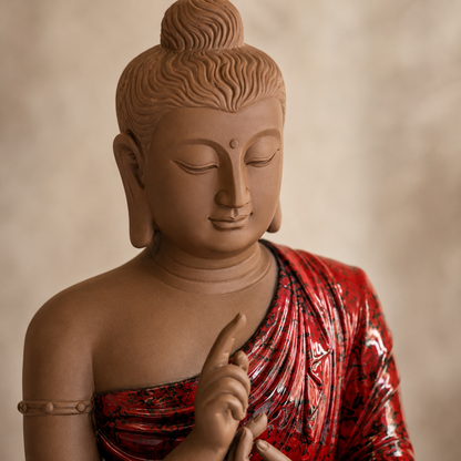 Close-up of handcrafted Buddha statue highlighting serene facial details, premium resin craftsmanship and glossy red robe finish.