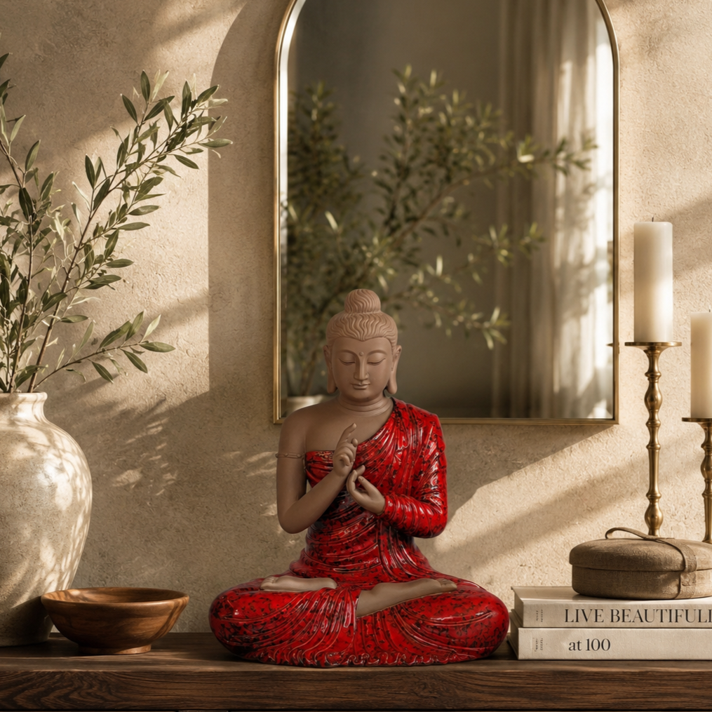 Luxury handcrafted Buddha statue styled on a wooden console table with mirror and décor accessories, ideal for elegant living room interiors.