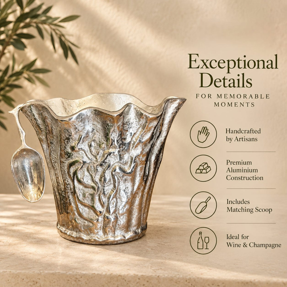 Premium handcrafted aluminium ice bucket infographic highlighting artisan craftsmanship, matching scoop and ideal use for wine and champagne.