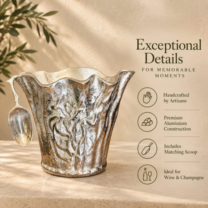 Premium handcrafted aluminium ice bucket infographic highlighting artisan craftsmanship, matching scoop and ideal use for wine and champagne.