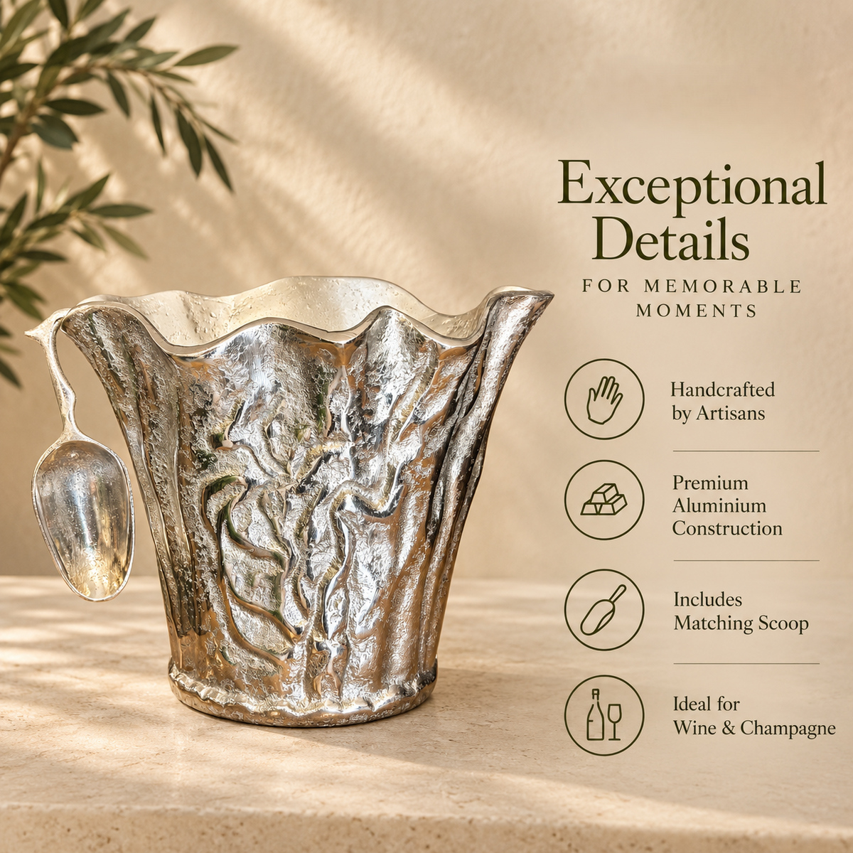 Premium handcrafted aluminium ice bucket infographic highlighting artisan craftsmanship, matching scoop and ideal use for wine and champagne.