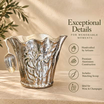 Premium handcrafted aluminium ice bucket infographic highlighting artisan craftsmanship, matching scoop and ideal use for wine and champagne.