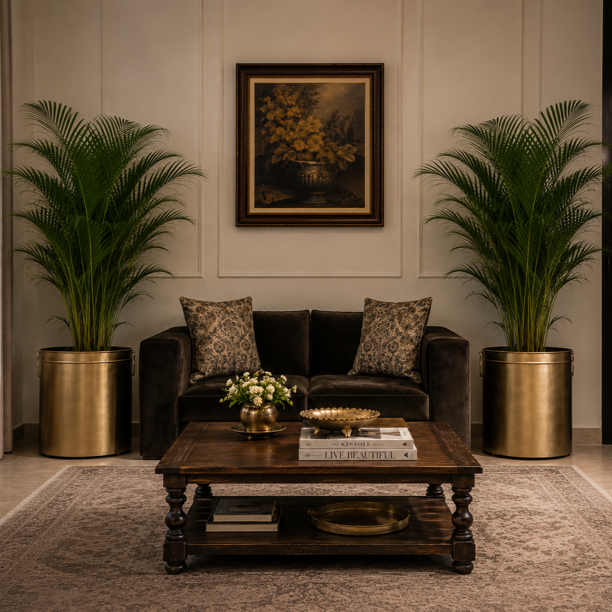 Large premium brass floor planters with palm plants decorating an elegant luxury living room.