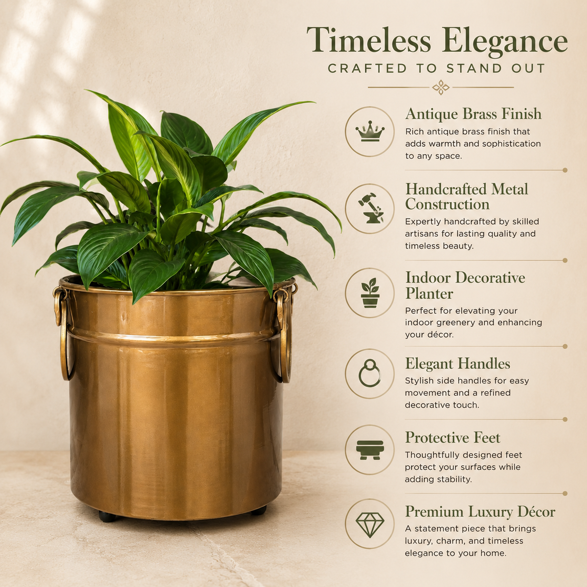 Luxury feature highlights infographic of the Inara Antique Brass Round Indoor Planter with lush green foliage, showcasing antique brass finish, handcrafted metal construction, elegant side handles, protective feet, and premium luxury décor.