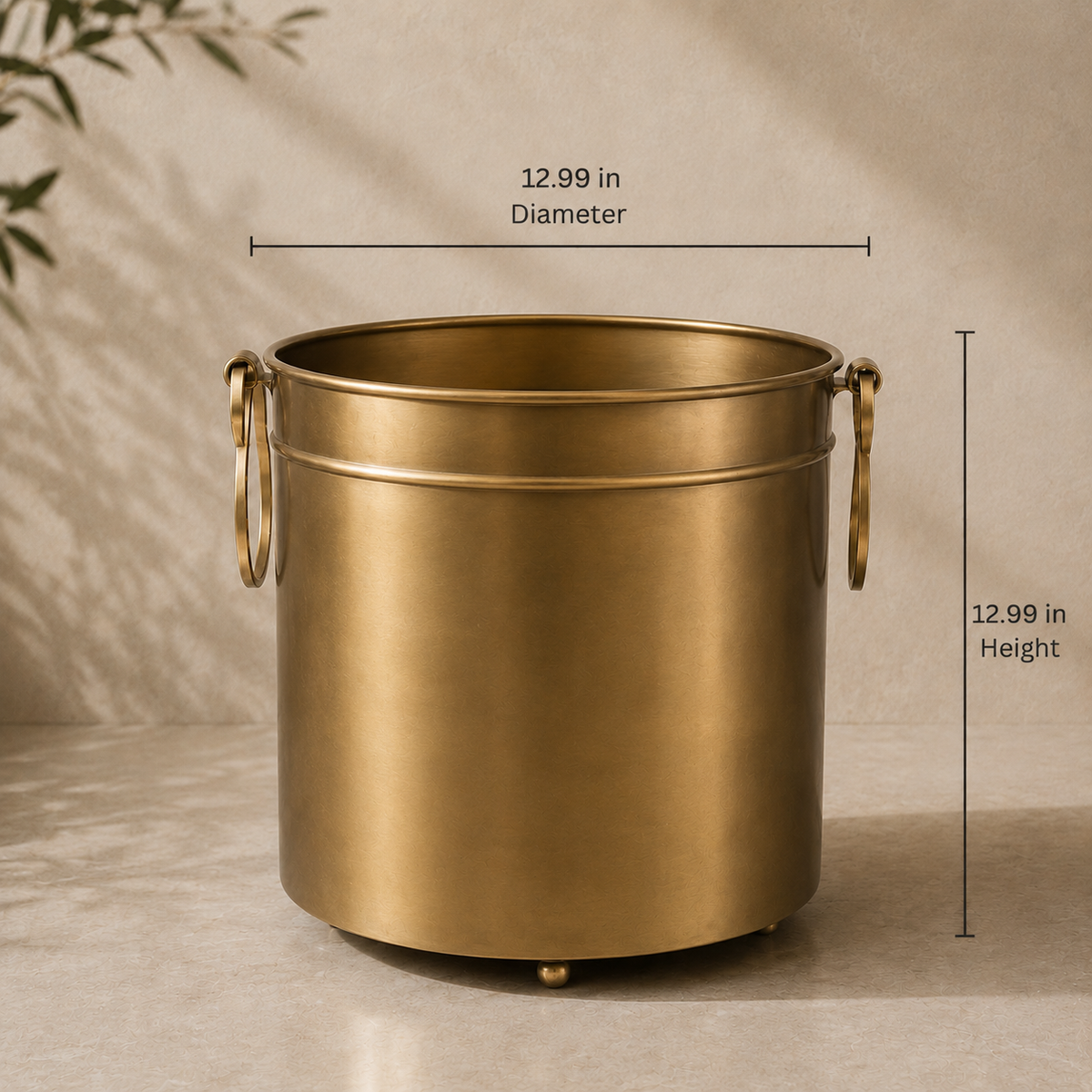 Premium brass indoor planter with antique gold finish, medium size, measuring 12.99 inches in height and diameter.
