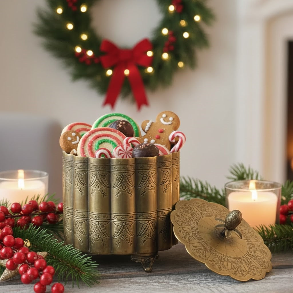 Premium brass dry fruit box in antique gold finish with engraved detailing, round keepsake storage box styled with festive sweets, candles, and holiday décor