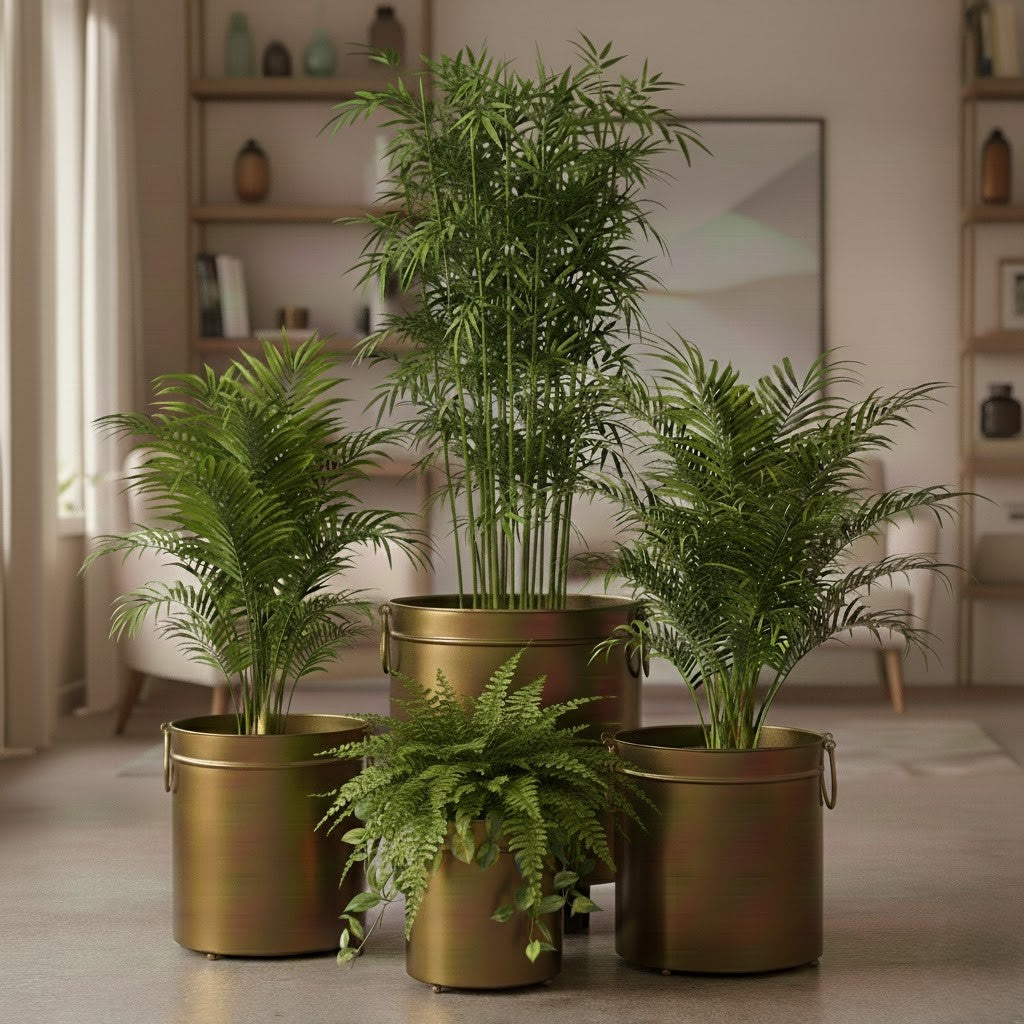 Premium brass indoor planters in vintage gold metal finish for luxury home décor