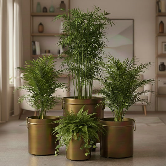 Premium brass indoor planters in vintage gold metal finish for luxury home décor