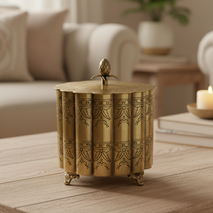 Premium brass keepsake box in antique gold finish with engraved detailing and round lid, decorative brass storage box for home décor and gifting
