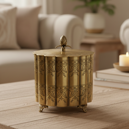 Premium brass keepsake box in antique gold finish with engraved detailing and round lid, decorative brass storage box for home décor and gifting