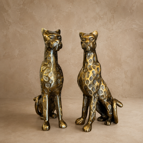 Antique Brass Leopard Sculpture Set Of 2