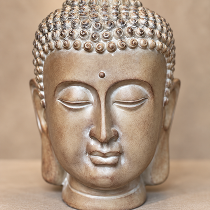 Close-up of a handcrafted Buddha head sculpture showcasing intricate hair detailing, serene facial features, and premium antique finish.