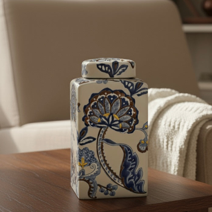 Premium rectangular ceramic storage jar featuring intricate ikat floral artwork in cobalt blue, placed on a dark wood side table with a cream-colored throw blanket and soft armchair in the blurred background.
