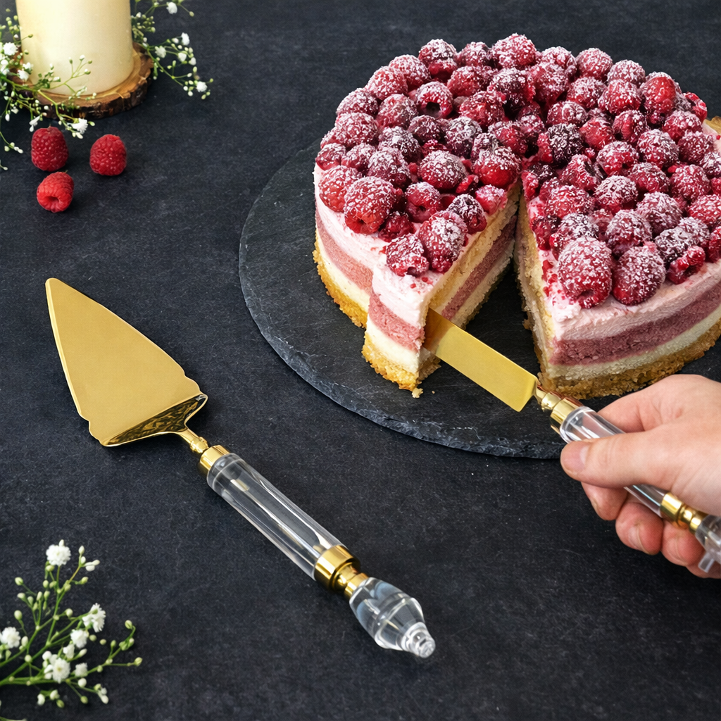 Premium gold cake server and knife set with crystal handles cutting raspberry layer cake on black stone plate, elegant wedding cake servi