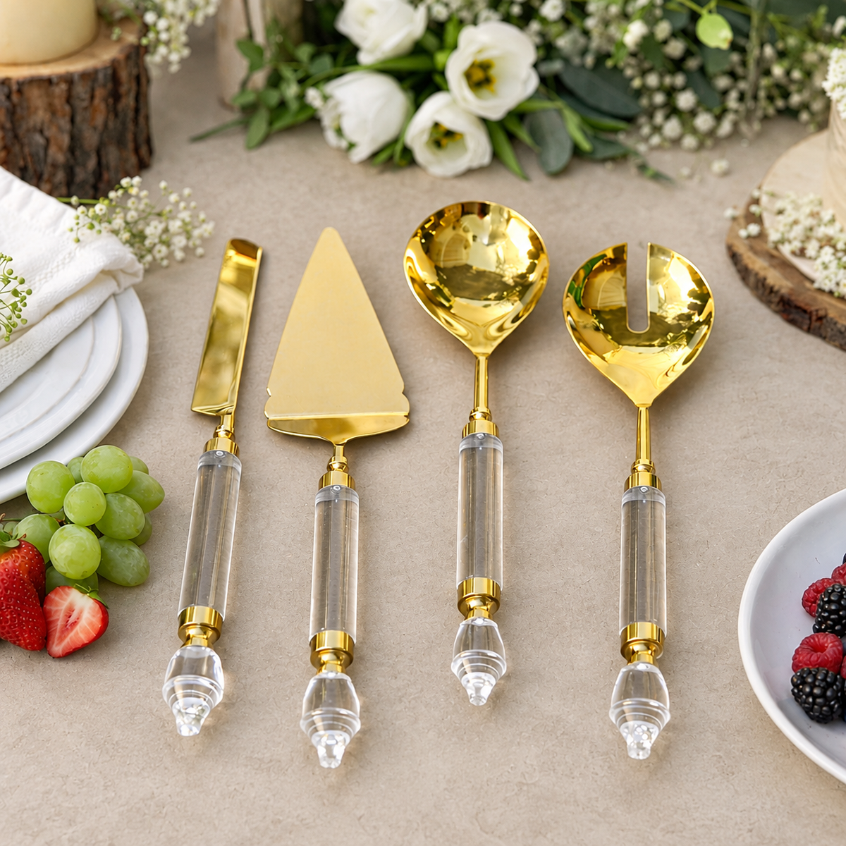 Premium gold cake server and knife set paired with matching gold serving spoons and salad servers on black slate board, elegant coordinated table setting for weddings and celebrations