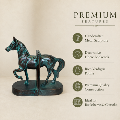 Premium handcrafted horse bookends in a rich verdigris patina finish with a feature panel highlighting handcrafted metal construction, decorative horse design, premium quality, and ideal use for bookshelves and console tables.