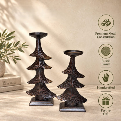 Premium handcrafted metal Christmas tree candle holder set featuring rustic finish, durable construction, and festive gift design.