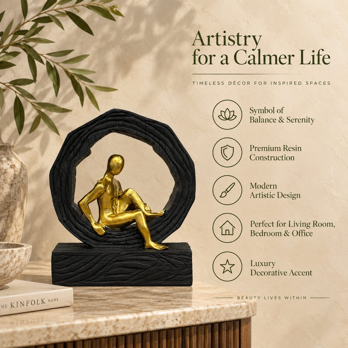 Premium modern resin sculpture highlighting artistic design, balance and serenity, durable resin construction, and luxury home décor styling.