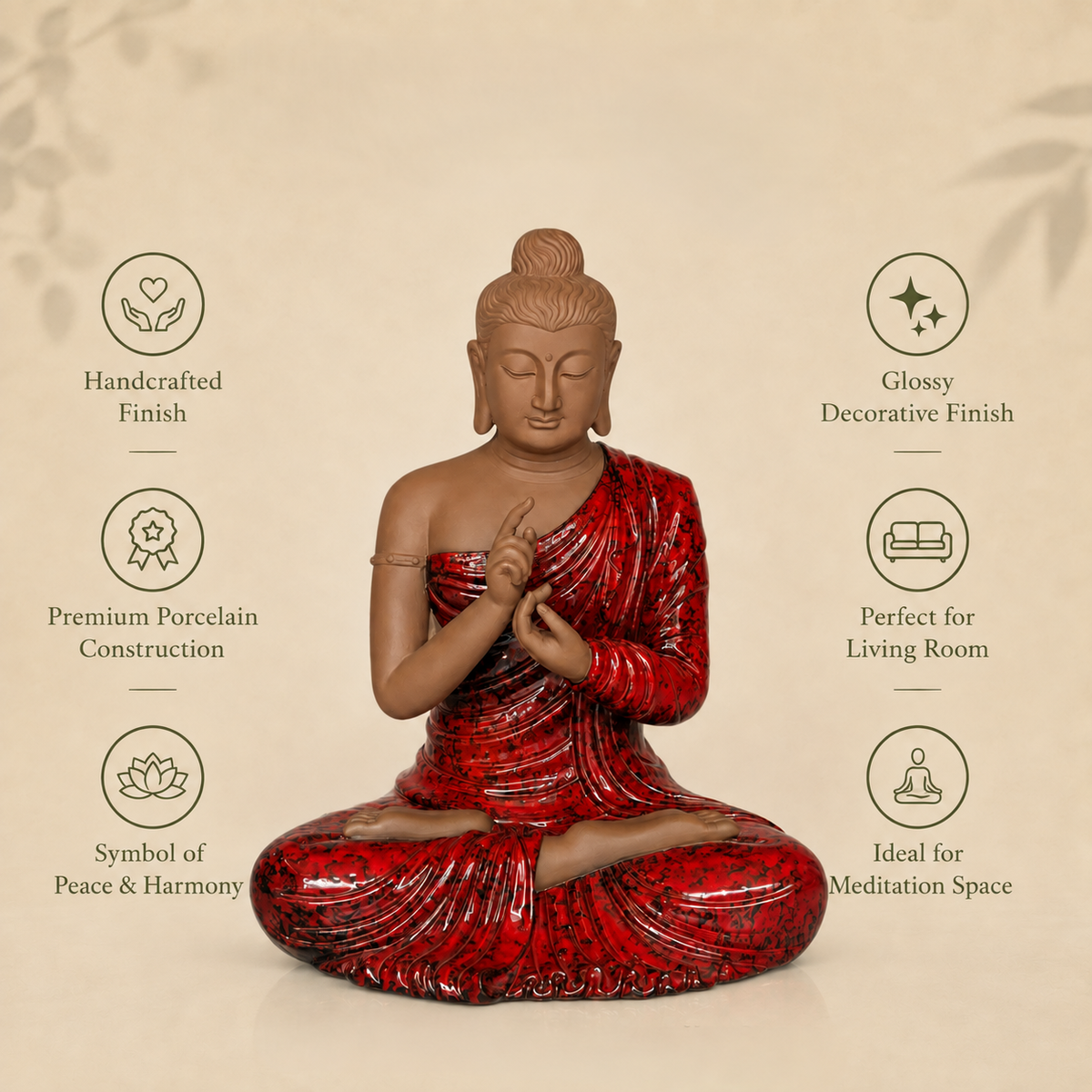 Premium porcelain red Buddha statue features infographic showcasing handcrafted finish, glossy decorative finish, symbol of peace and harmony, perfect for living room décor, and ideal for meditation spaces by Inara Home Decor.