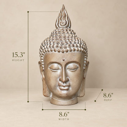 Premium resin Buddha head sculpture with dimensions showing 15.3-inch height, 8.6-inch width, and 8.6-inch depth for luxury home décor.