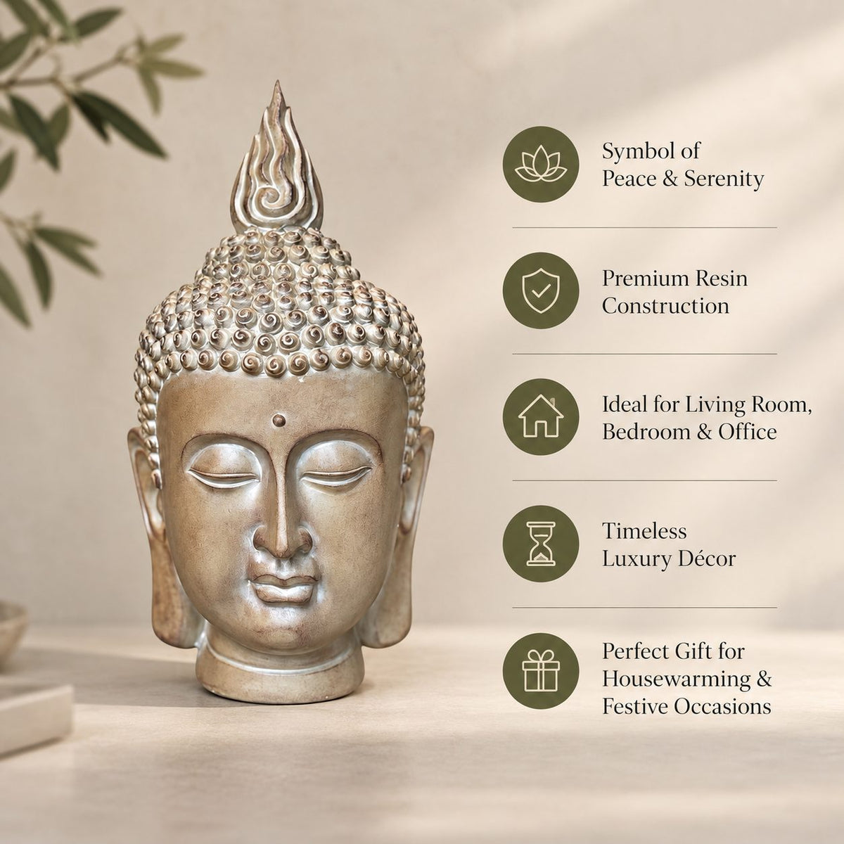 Premium Buddha head sculpture highlighting peaceful design, premium resin construction, timeless luxury décor, and gifting features.