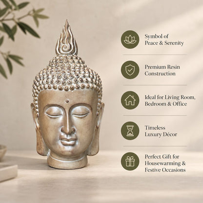 Premium Buddha head sculpture highlighting peaceful design, premium resin construction, timeless luxury décor, and gifting features.