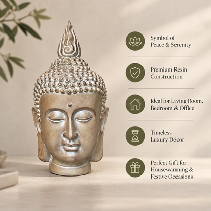 Premium Buddha head sculpture highlighting peaceful design, premium resin construction, timeless luxury décor, and gifting features.