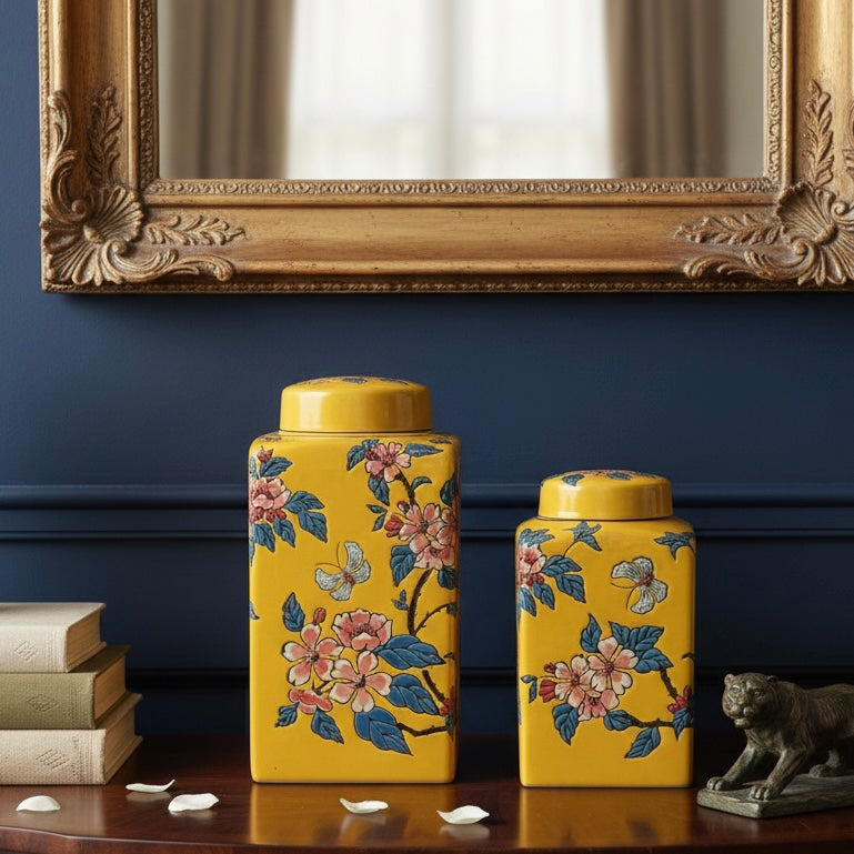 Pair of decorative yellow floral jars placed on a dark wood sideboard in front of a navy blue wall and ornate gold mirror.
