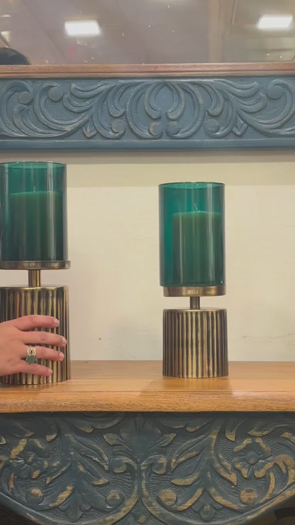 Antique Gold Ribbed Candlestand - Green