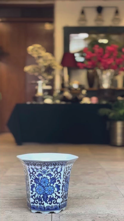 Blue And White Porcelain Octagonal Tall Planter