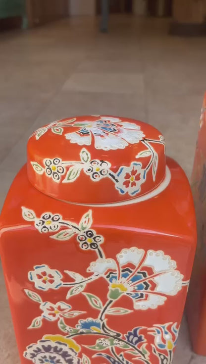 Coral Bloom Hand-Painted Ceramic Jar