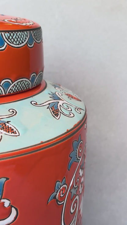 Handpainted Orange Ceramic Decorative Round Jar With Lid