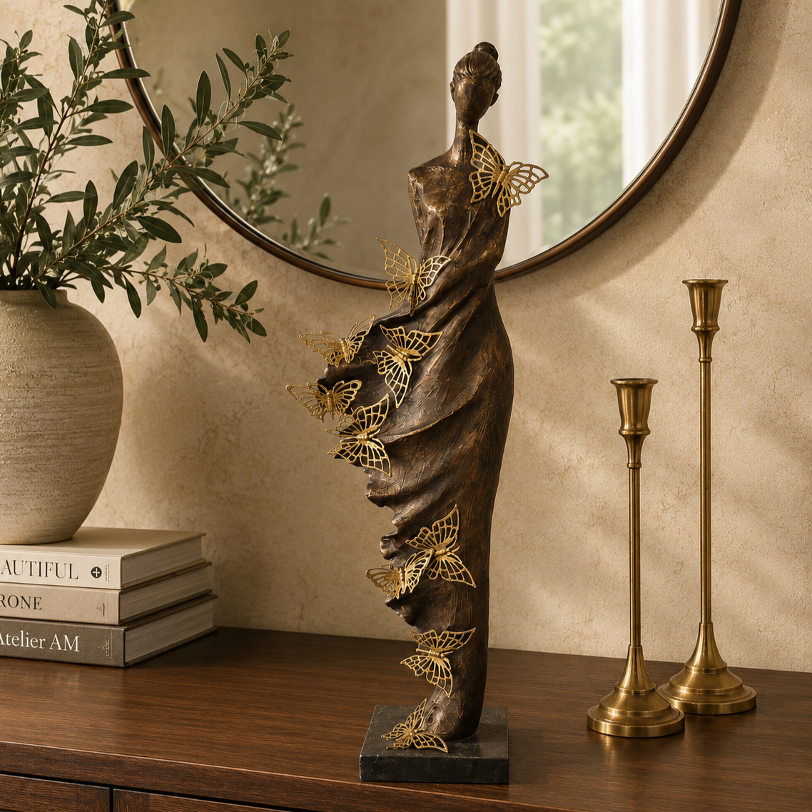 Elegant bronze-finish abstract lady sculpture adorned with delicate gold butterfly accents, displayed on a black marble base atop a dark wooden console table. Styled with brass candlesticks, stacked coffee table books, a textured ceramic vase with olive branches, and a round mirror against a warm beige textured wall, creating a luxurious modern home décor setting.