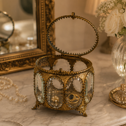 Luxury vintage glass storage jar with an antique brass frame and decorative feet, showcasing elegant craftsmanship and premium tabletop styling for sophisticated home décor by Inara Home Decor.
