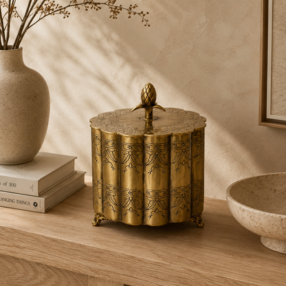 Unboxing premium brass keepsake box in antique gold finish, round engraved brass storage box revealed in luxury packaging for gifting