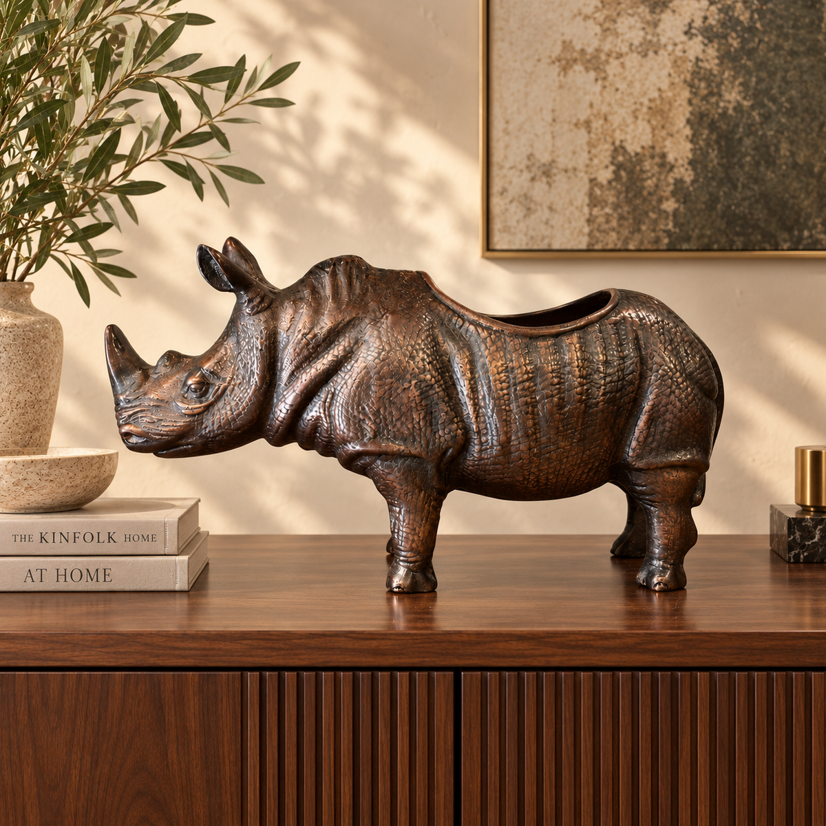 Bronze Rhinoceros Champagne Wine Chiller by Inara Home Decor featuring a handcrafted textured finish, luxury metallic design, and premium wine bottle display for elegant home bar décor and entertaining.