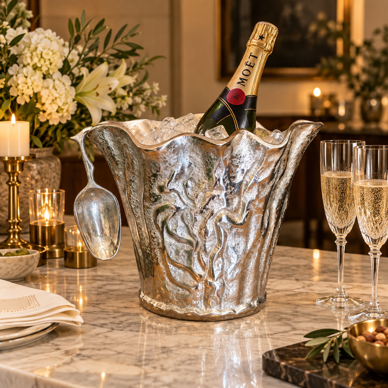 Video showcasing a luxury, handcrafted aluminium ice bucket with a matching scoop, a premium textured finish, and an elegant design for serving wine, champagne, and ice at home bars and special occasions.