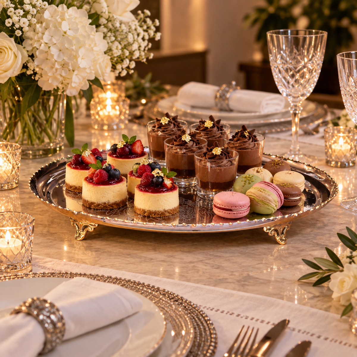 Premium silver decorative serving tray with intricate engraved design, elegant gold beaded rim, and ornate brass feet, perfect for serving drinks, desserts, breakfast, and luxury home décor styling.