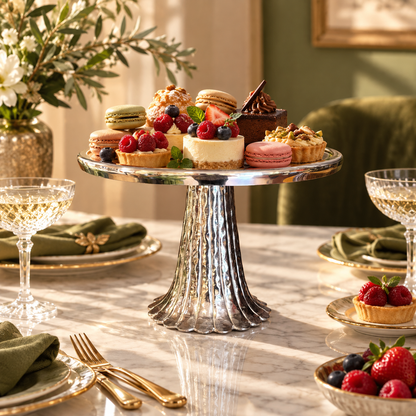 Luxury silver pedestal serving stand with glass top showcasing handcrafted aluminium craftsmanship, elegant design, and premium dessert presentation for macroons, pastries, and celebrations.