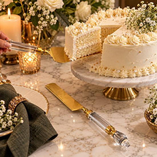 Close-up video of handcrafted gold salad serving set with acrylic handle showcasing premium brass and transparent crystal detailing