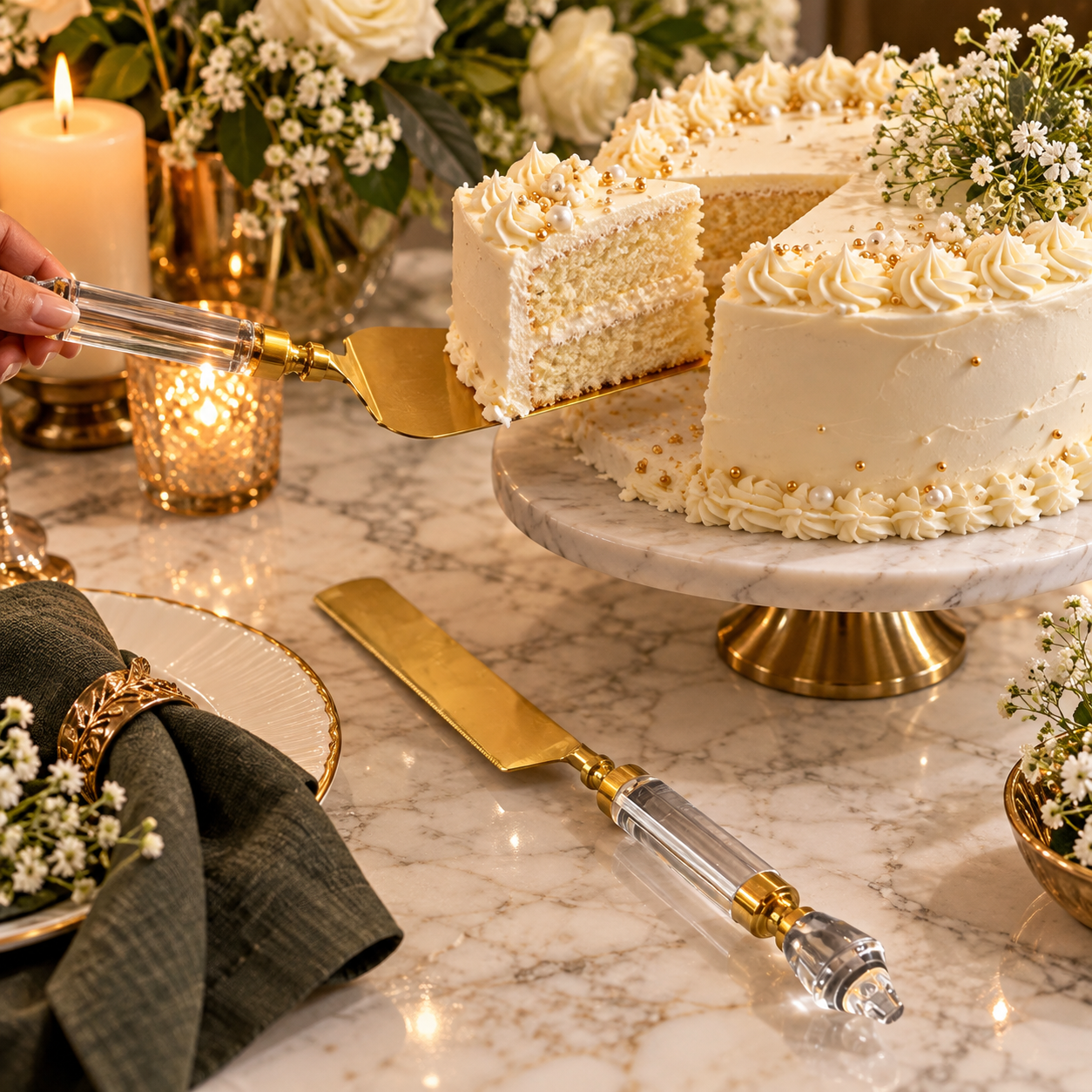 Close-up video of handcrafted gold salad serving set with acrylic handle showcasing premium brass and transparent crystal detailing