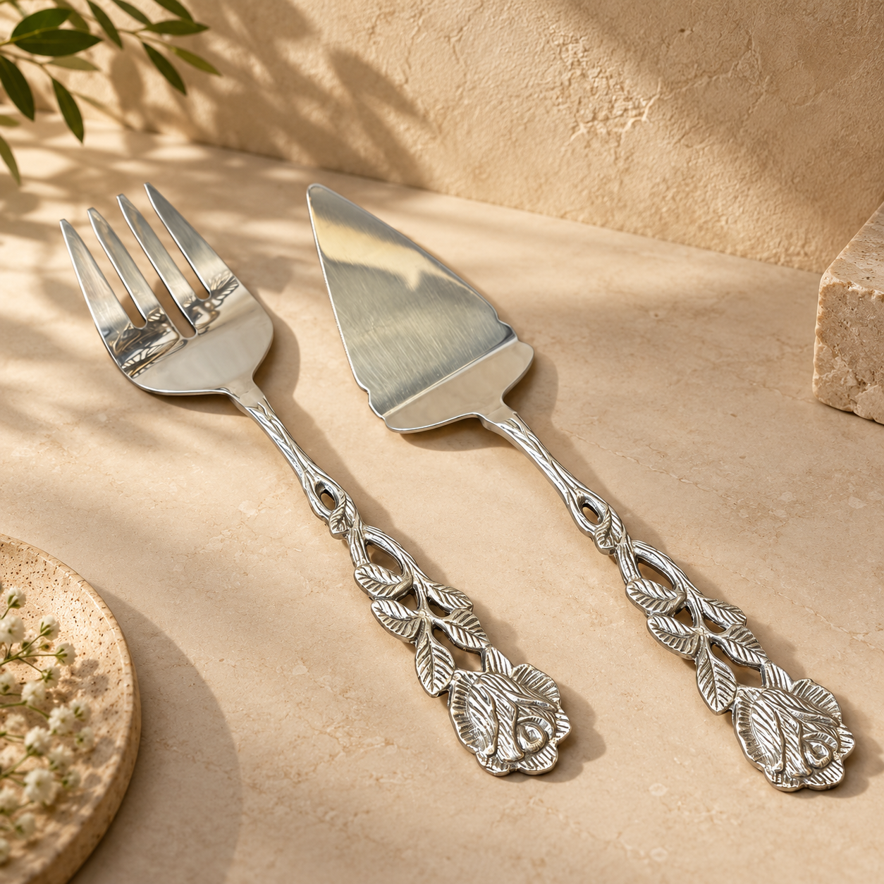 Antique Rose Cake Server & Fork Set video showcasing intricate floral brass handle detailing and polished stainless steel finish, highlighting craftsmanship and elegant design