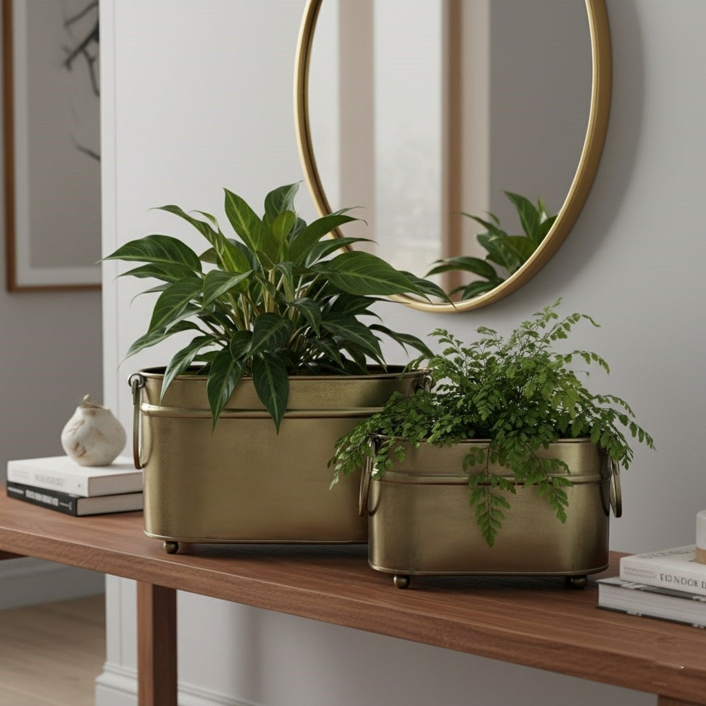 Video showcasing vintage brass rectangular indoor planters, highlighting handcrafted detailing, premium metal finish, and available size variations for luxury home décor.