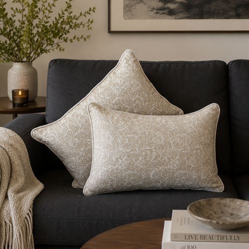 Luxury beige floral velvet cushion covers styled on a dark grey sofa in a modern living room with elegant décor and natural light, by Inara Home Decor.